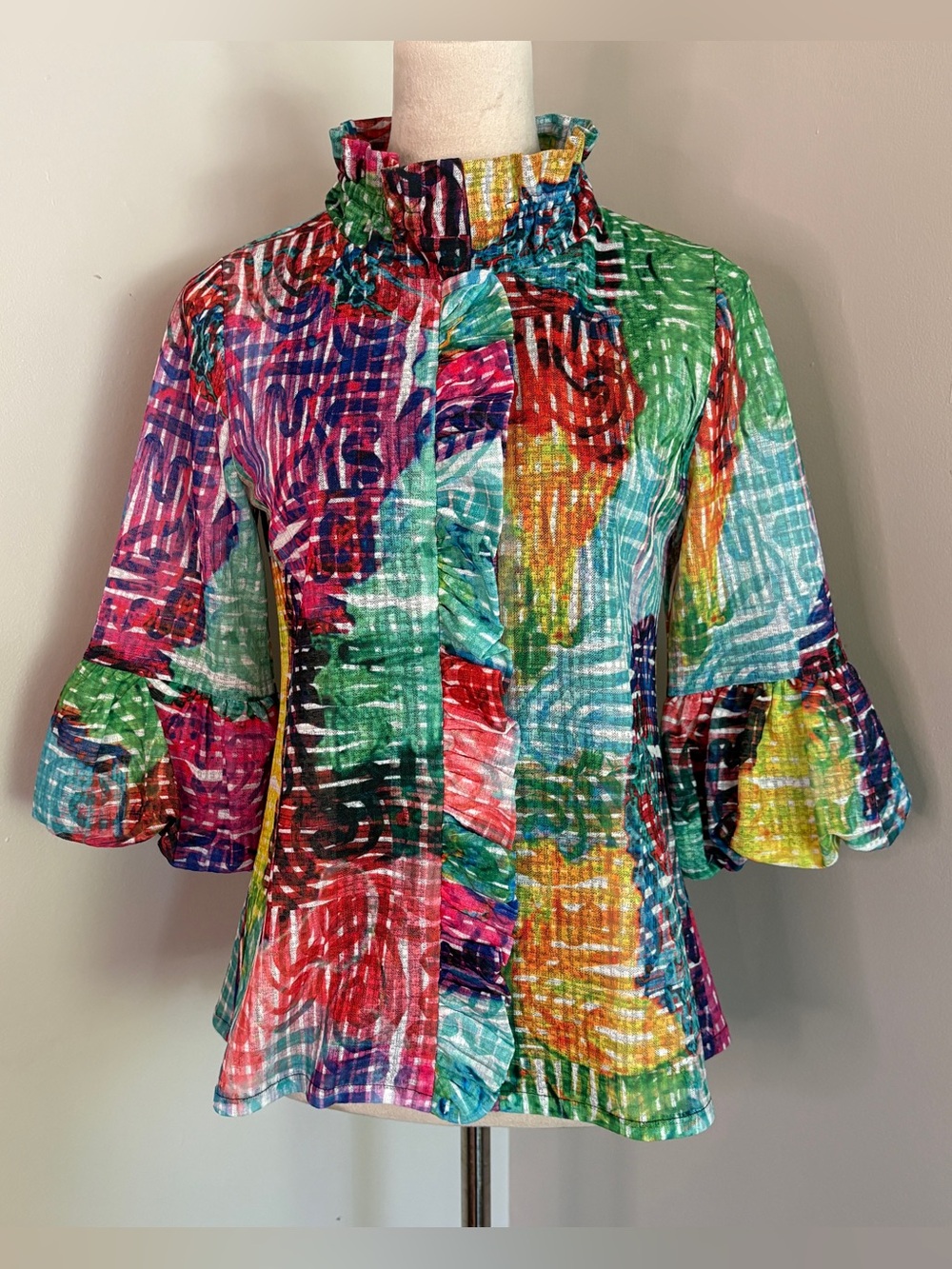 Damee Ruffle-Neck Vibrant Art to Wear Blouse 3/4 Bell Sleeve Festival PS small